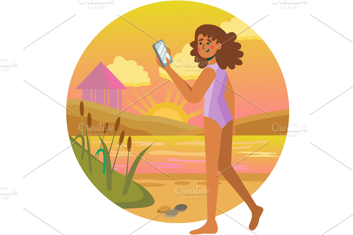 Happy woman on summer beach vector, a Person Illustration by vectorpointstudio