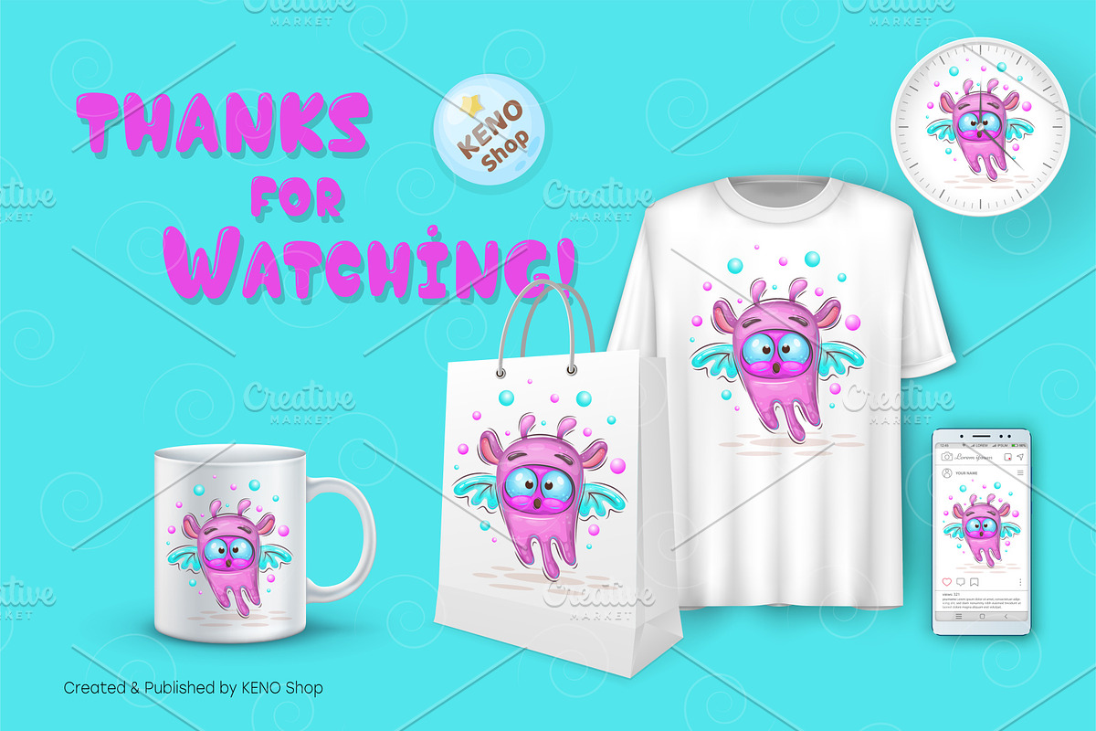 Cute cartoon flying monster. Tshirt., an Animal Illustration by KENO Mascots (Photo 4 of 4)