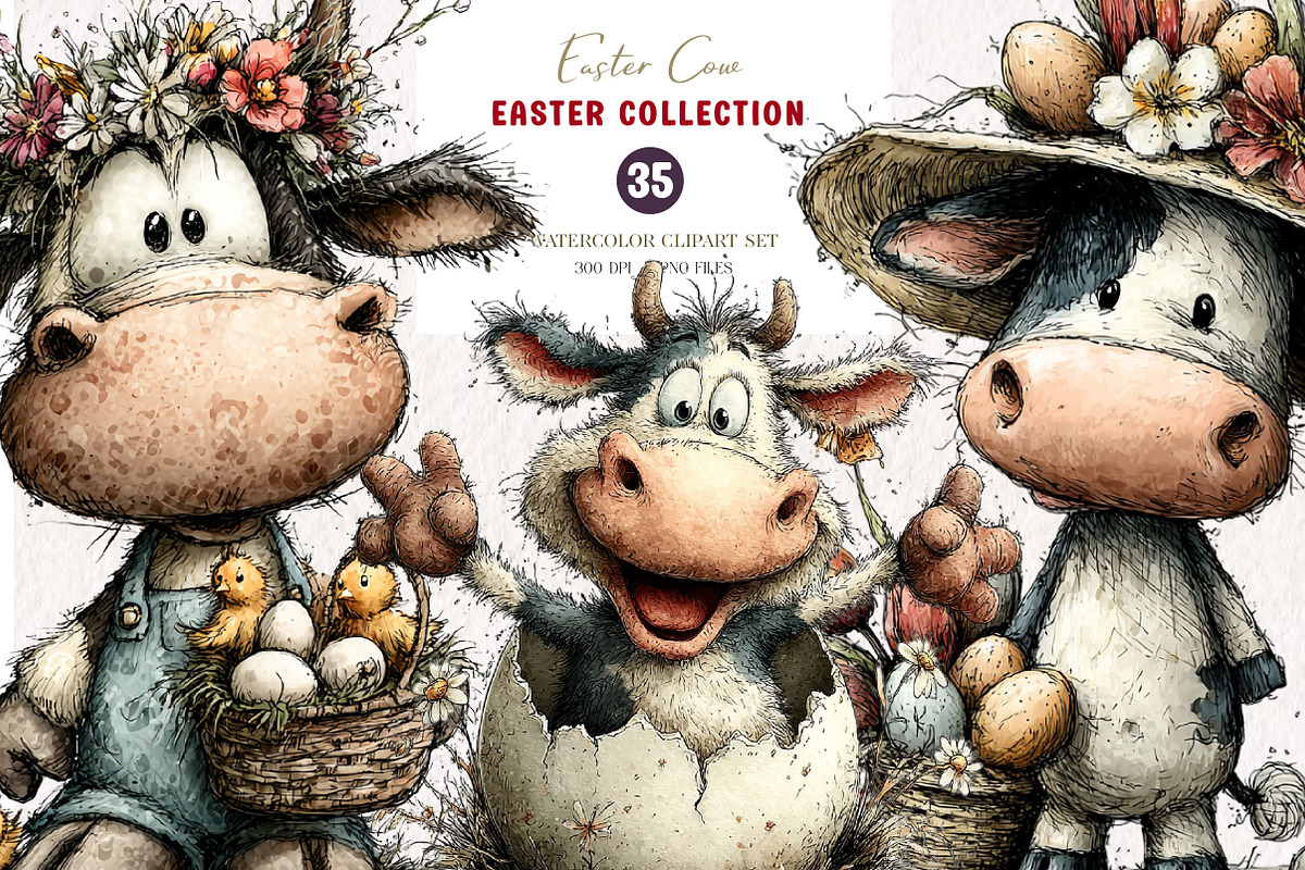 Whimsical Easter cow clipart, an Illustration by CreationArt (Photo 1 of 7)