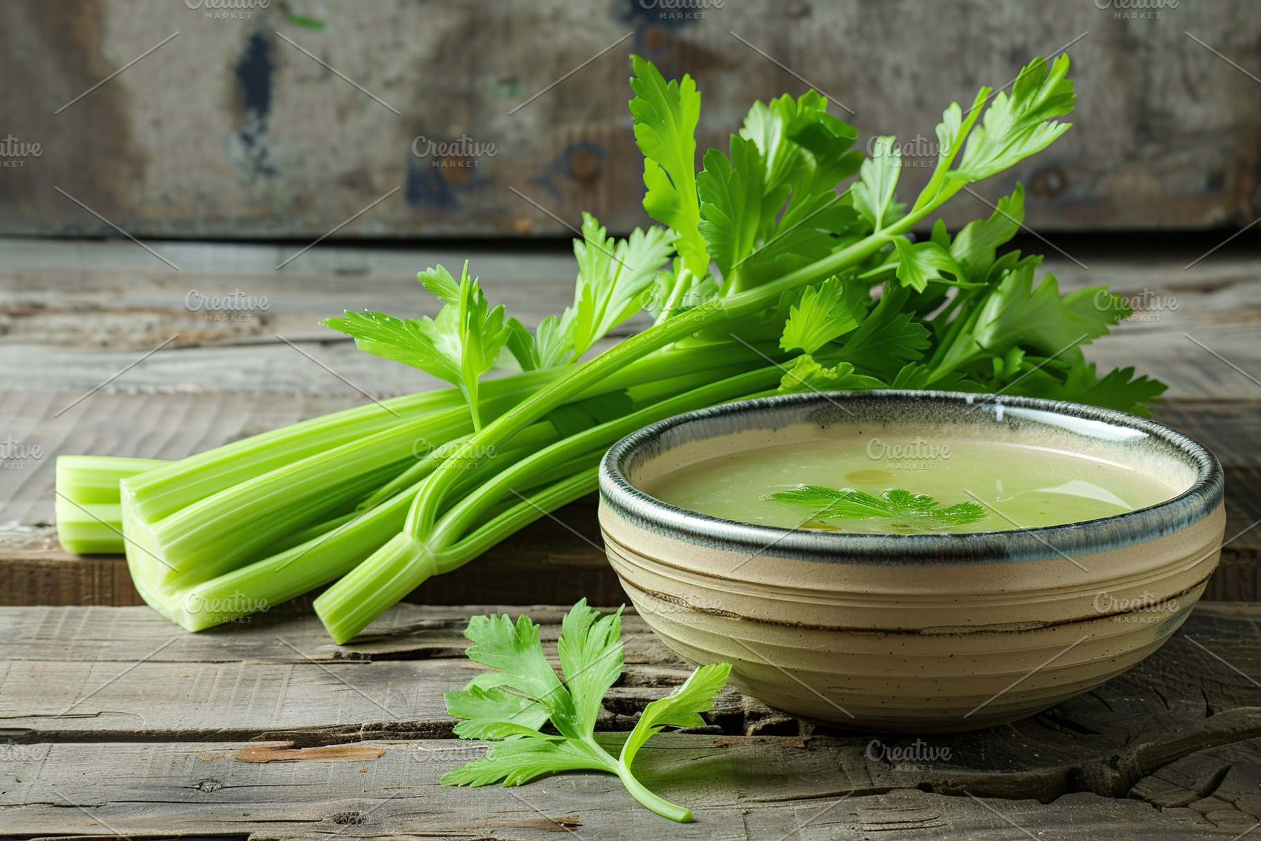 Fresh celery soup in bowl on wooden table, a Food & Drink Photo by AlyaAnd