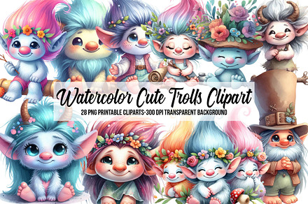 Watercolor Cute Trolls Clipart, an Illustration by Libby Wishes