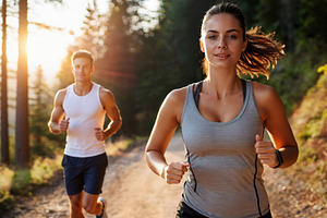 Young Adults Trail Running in Forest at Sunset, a Sports & Recreation Photo by Davizro's Market