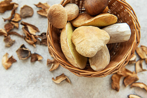 Fresh mushrooms overflowing a small wicker basket with dried mus, a Food & Drink Photo by Olena Rudo