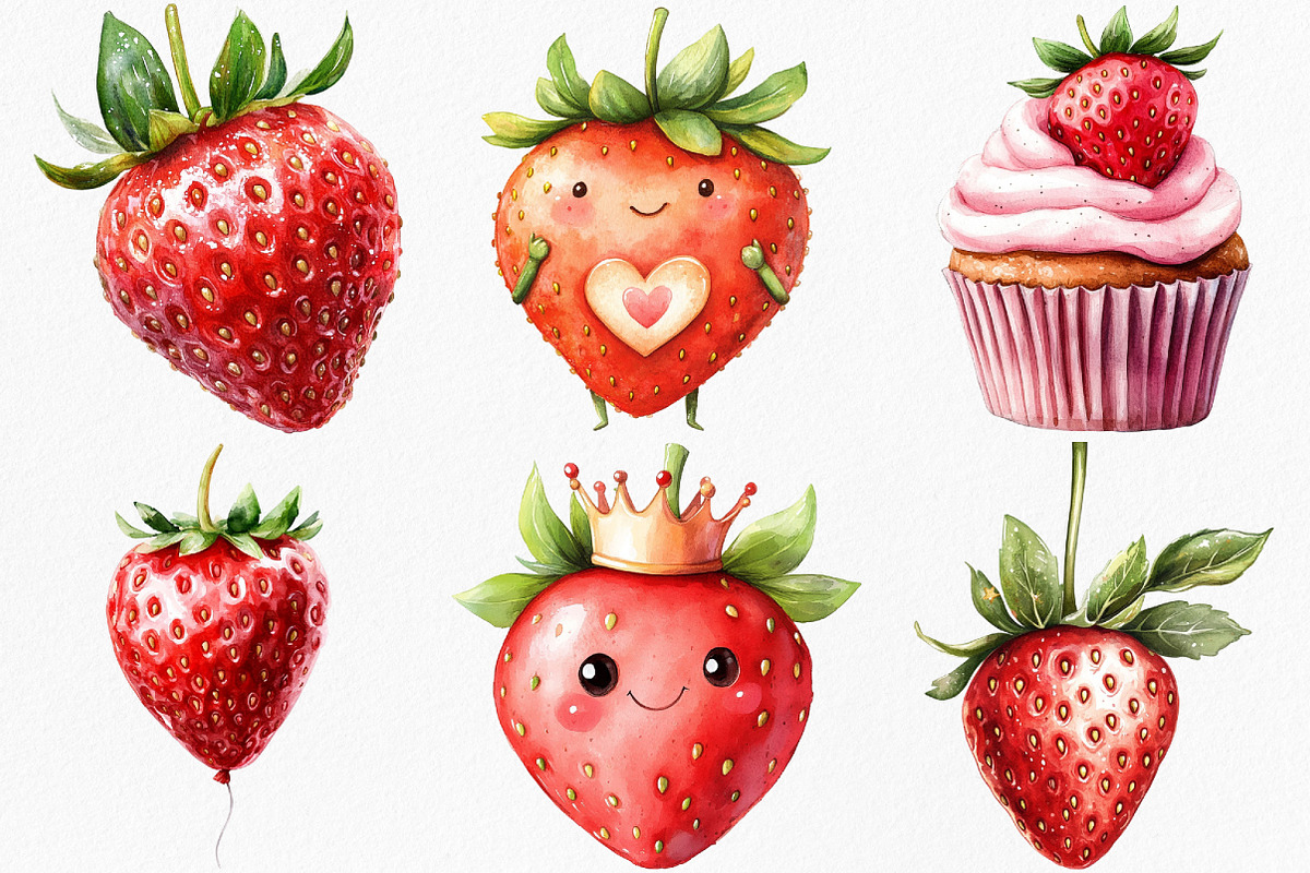 Watercolor Sweet Strawberry Clipart, an Illustration by Canvas Craft (Photo 4 of 8)