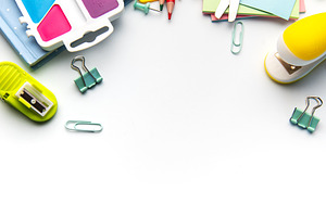Colorful school and art supplies on white background, a School & Education Photo by Olena Rudo