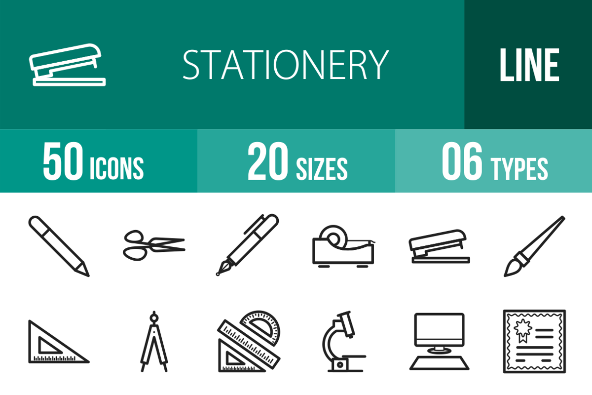 50 Stationery Line Icons, an Outline Icon by IconBunny | Creative Market