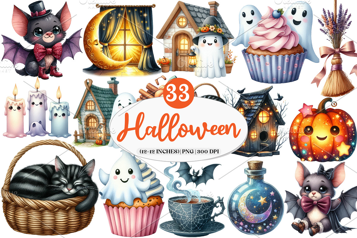 Cute Halloween Cottage Clipart, an Illustration by Watercolor design (Photo 1 of 4)