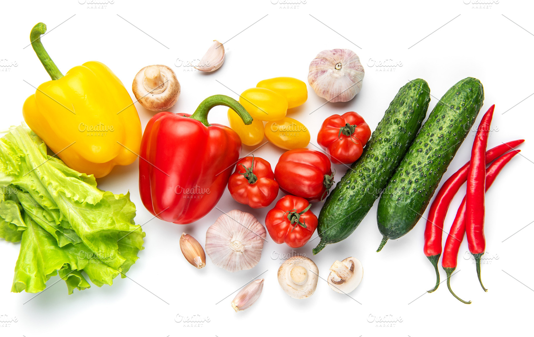 Fresh farm vegetables including peppers, cucumbers, tomatoes, ga, a Food & Drink Photo by Olena Rudo
