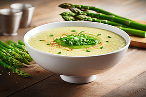 Asparagus cream soup in plate, a Food & Drink Photo by AlyaAnd