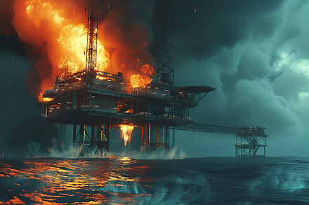 Disaster on offshore oil and gas platform, an Industrial Photo by AlyaAnd