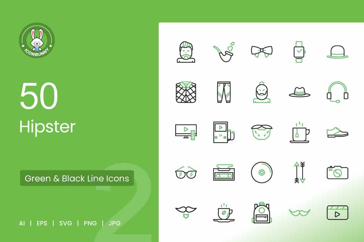50 Hipster Green & Black Icons, an Icon by IconBunny (Photo 1 of 2)