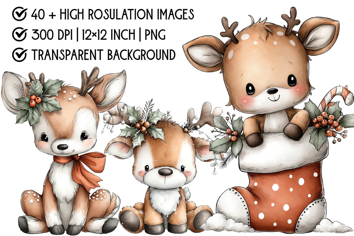 Whimsical Christmas Deer Clipart, an Illustration by Pixels.Craft (Photo 4 of 6)