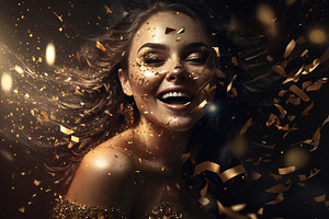 Young Woman Surrounded Golden Confet