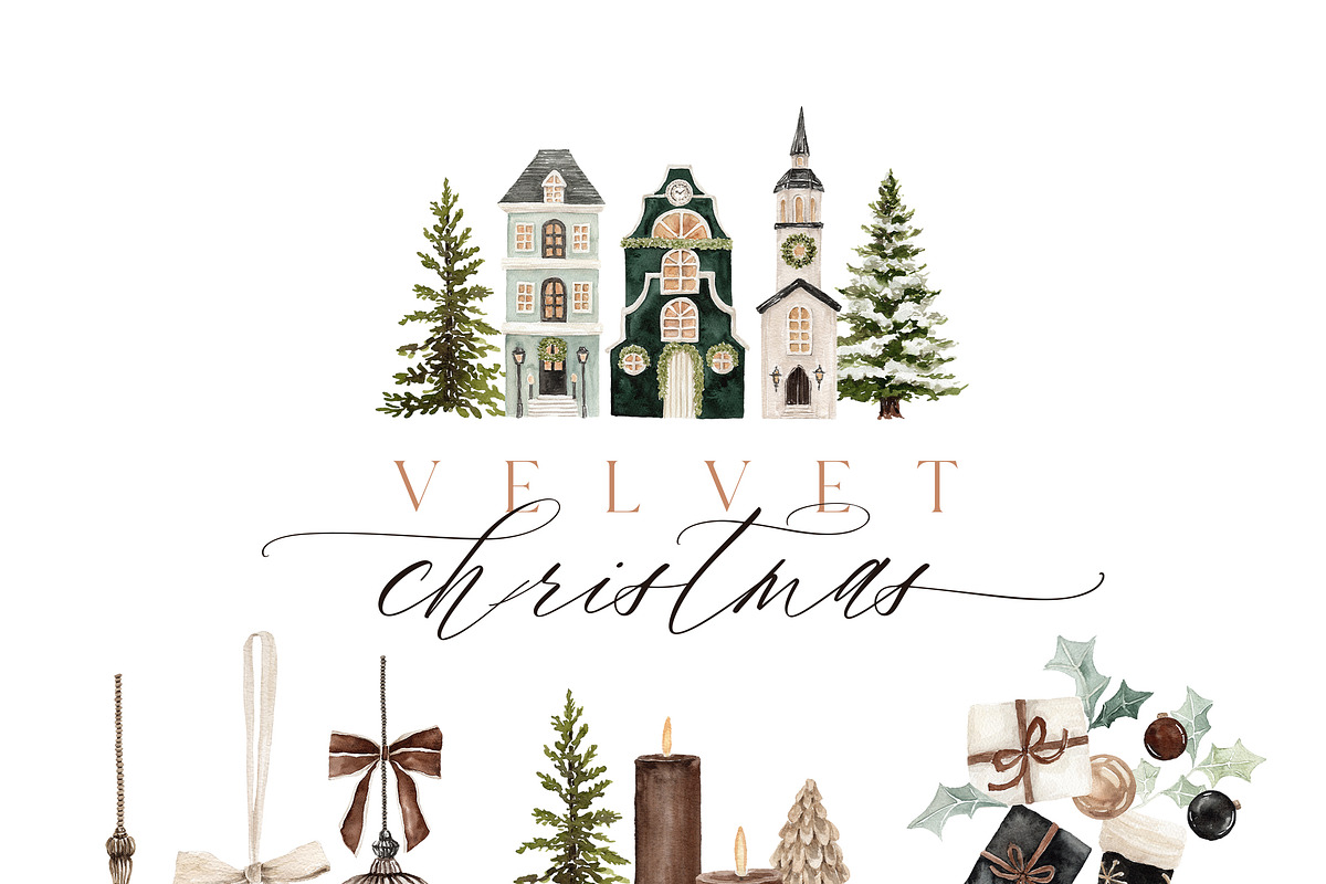 Watercolor Clipart-VELVET CHRISTMAS, a Decorative Illustration by Beigetime (Photo 5 of 17)
