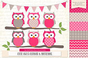 Owls Clipart & Patterns in Hot Pink, an Animal Illustration by Amanda Ilkov (Thumbnail 1 of 4)