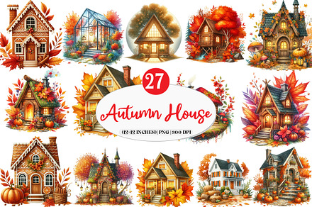 Watercolor Autumn House Clipart