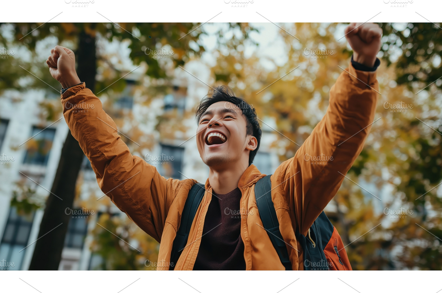 Asian man with a backpack joyfully, a Person Photo by Sergey Kotenev