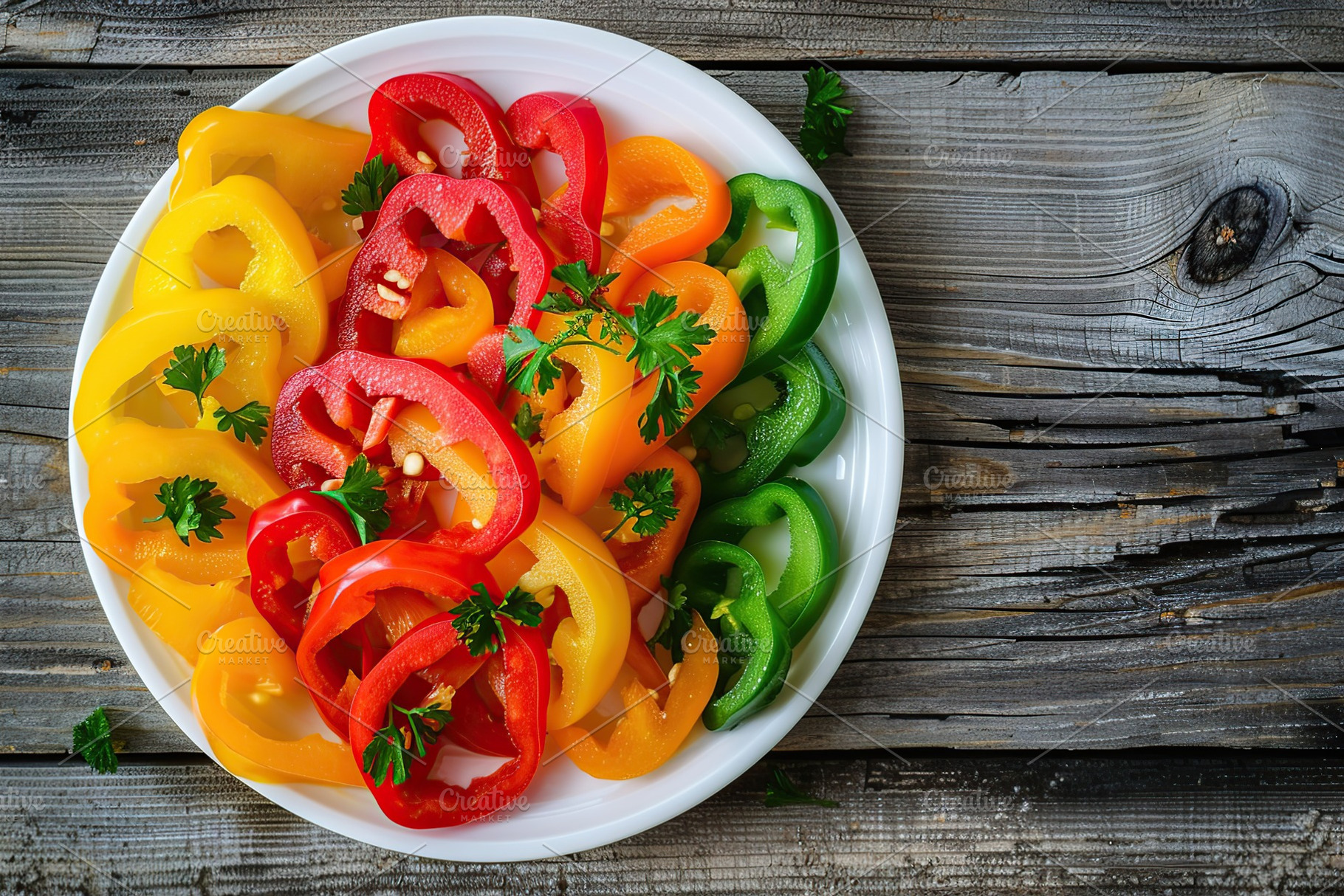 Ripe colorful pepper slices in plate on wooden table, a Food & Drink Photo by AlyaAnd