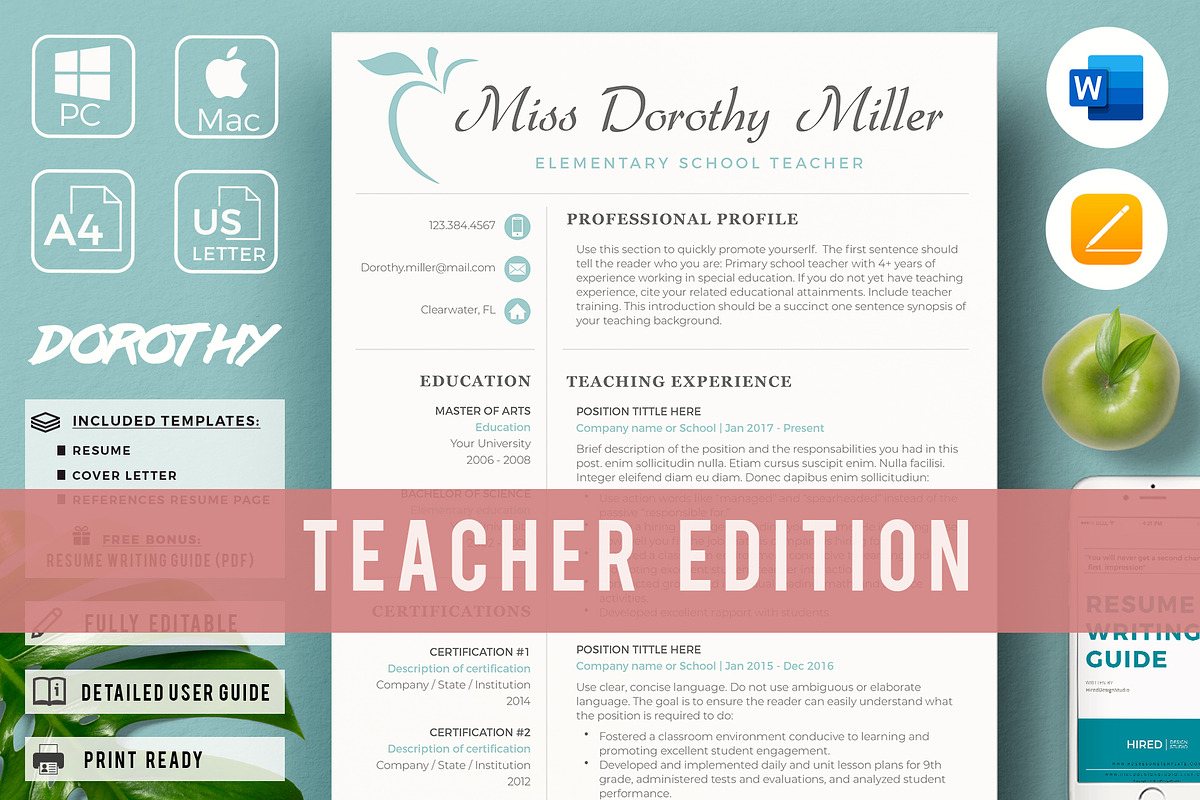 Professional Resume for Teachers, a Resume Template by HIRED Design Studio (Photo 1 of 13)