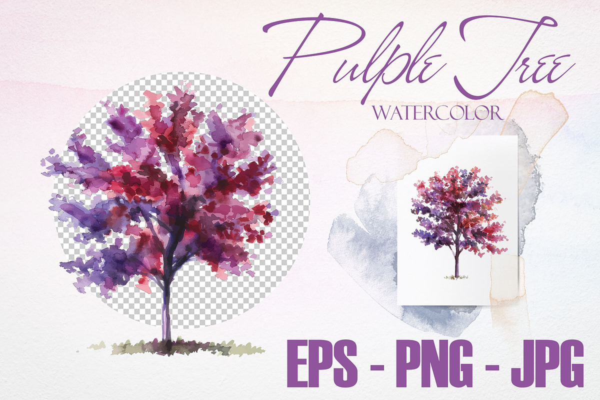 Watercolor Purple Tree Vector Set, a Pattern Graphic by Deckar_art
