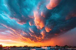 Dramatic clouds illuminate the sky at sunset over a quiet neighborhood, a Nature Photo by AlyaAnd