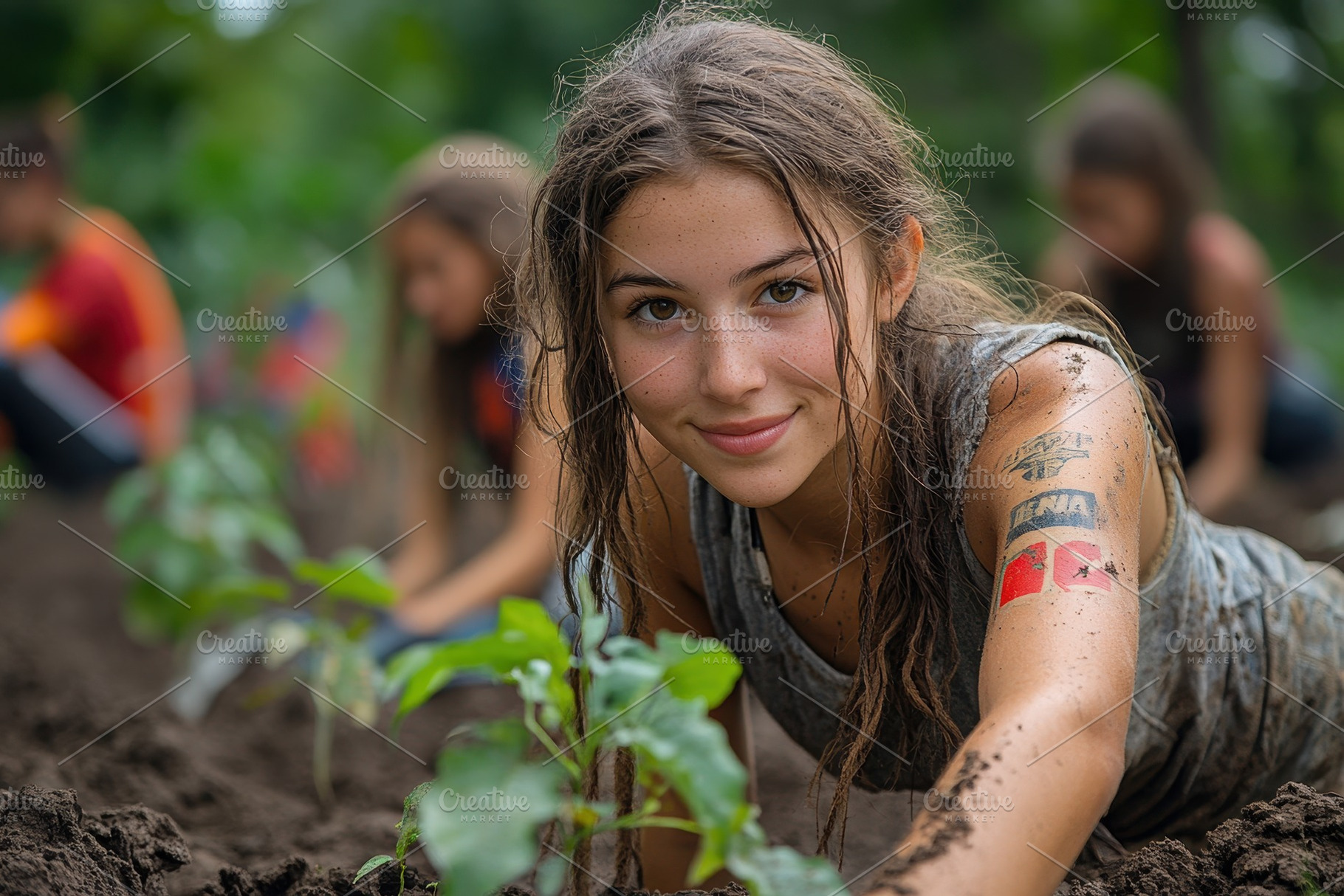 Young volunteers engaged in planting, a Photo by Tanuart