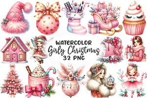Girly Christmas Watercolor Clipart, an Illustration by CraftArtStudio