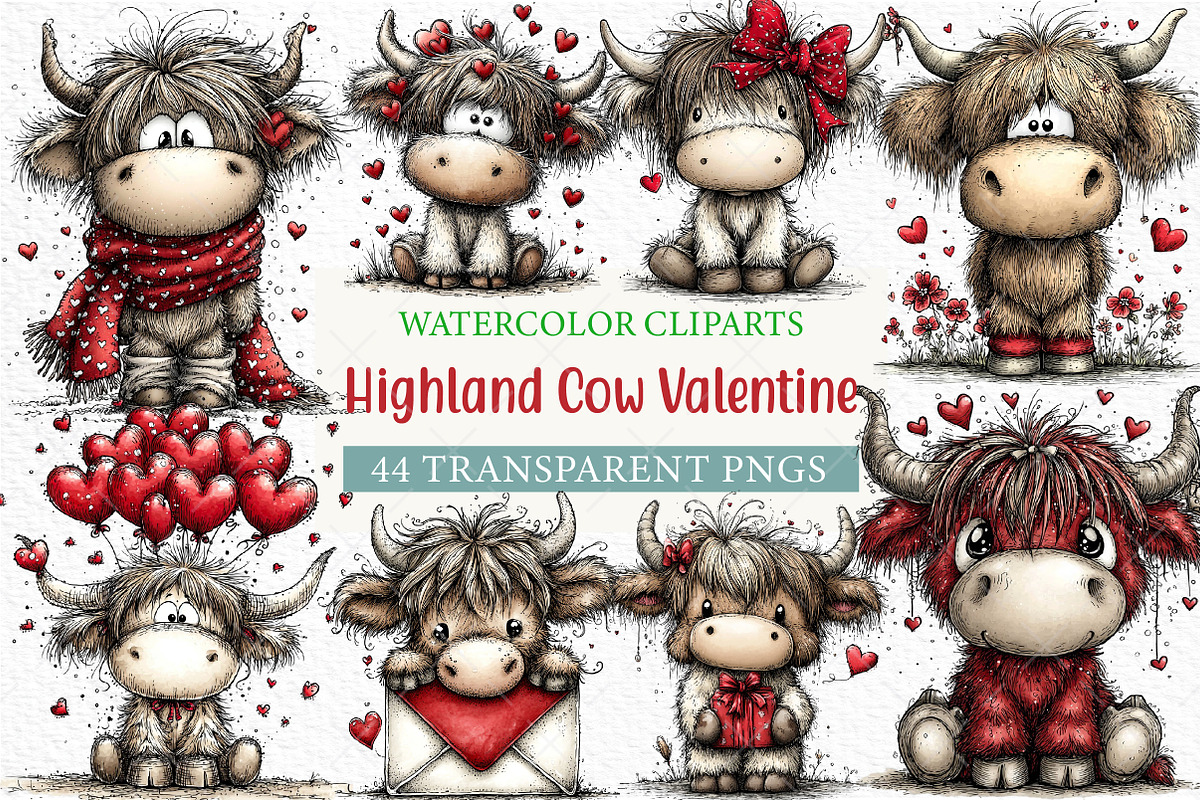 Highland Cow Valentine Clipart Png, an Illustration by Craft Nest (Photo 1 of 11)