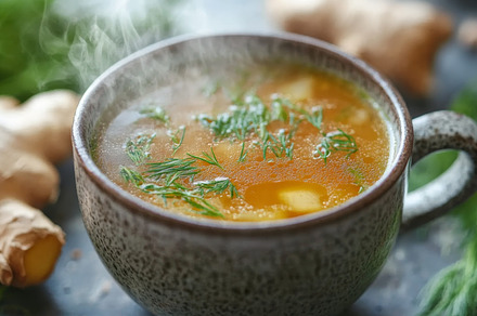Steaming Mug of Bone Broth with Fresh Herbs, a Photo by Natalia Klenova's Shop