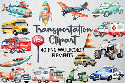 Watercolor Transportation Clipart, a Transportation Illustration by CropUp Creative