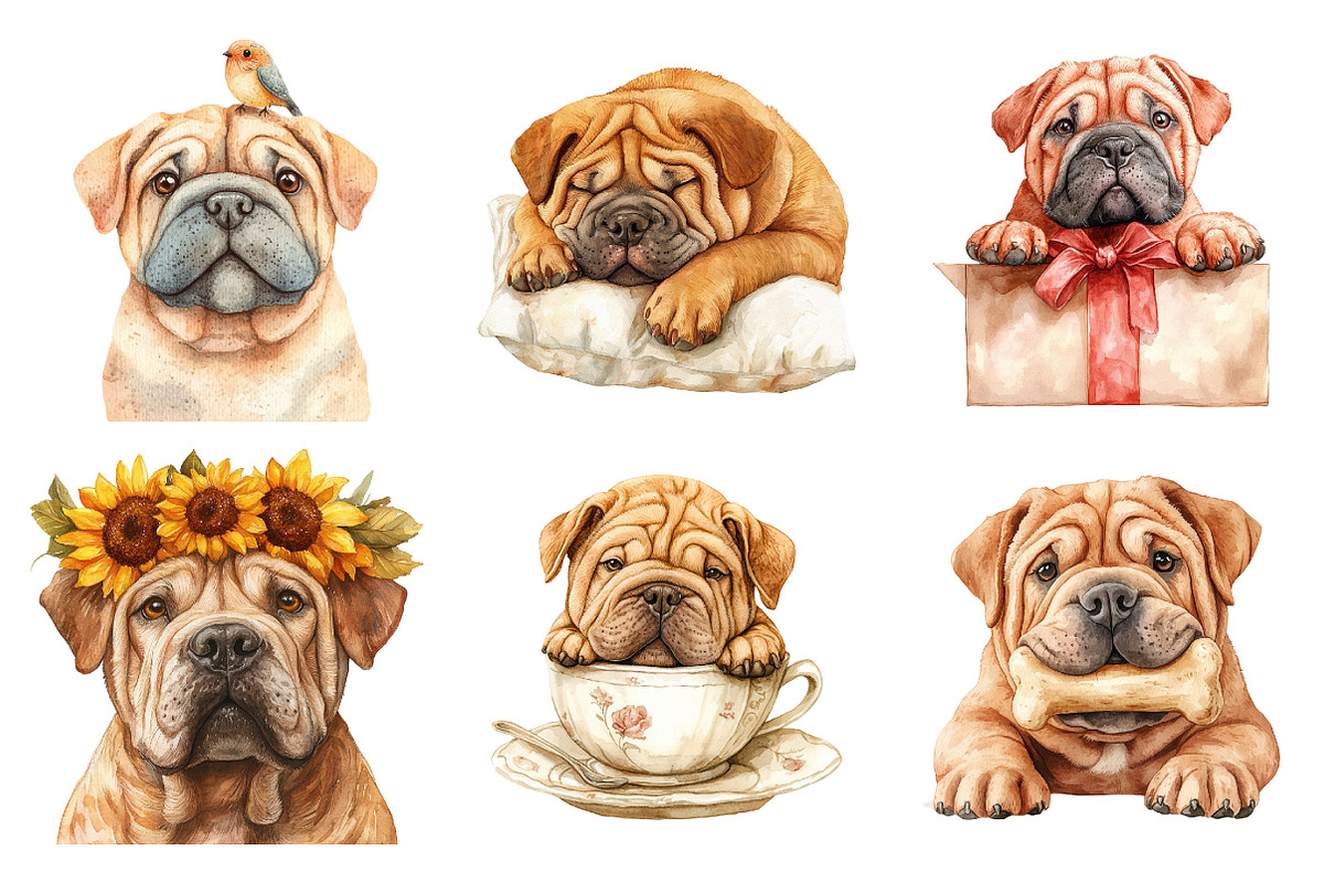 Shar-Pei Dog Watercolor Clipart, an Illustration by SinaCreation (Photo 3 of 5)