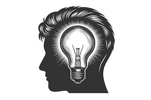 Human Head Silhouette with Lightbulb, a Person Illustration by AlexArt