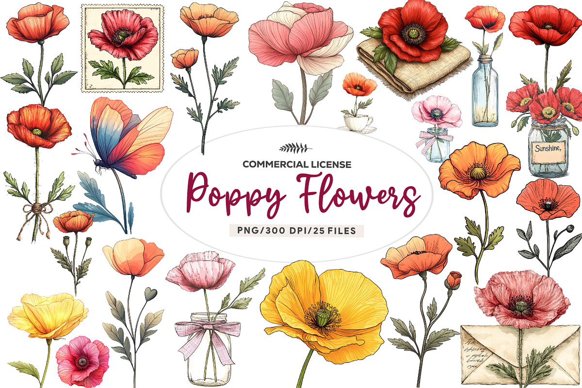 Summer Poppy Flowers Clipart, an Illustration by CreationArt (Photo 1 of 9)