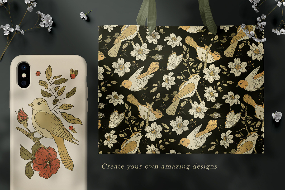 Birds and Flowers Floral Bundle., a Decorative Illustration by Red Ink (Photo 9 of 10)
