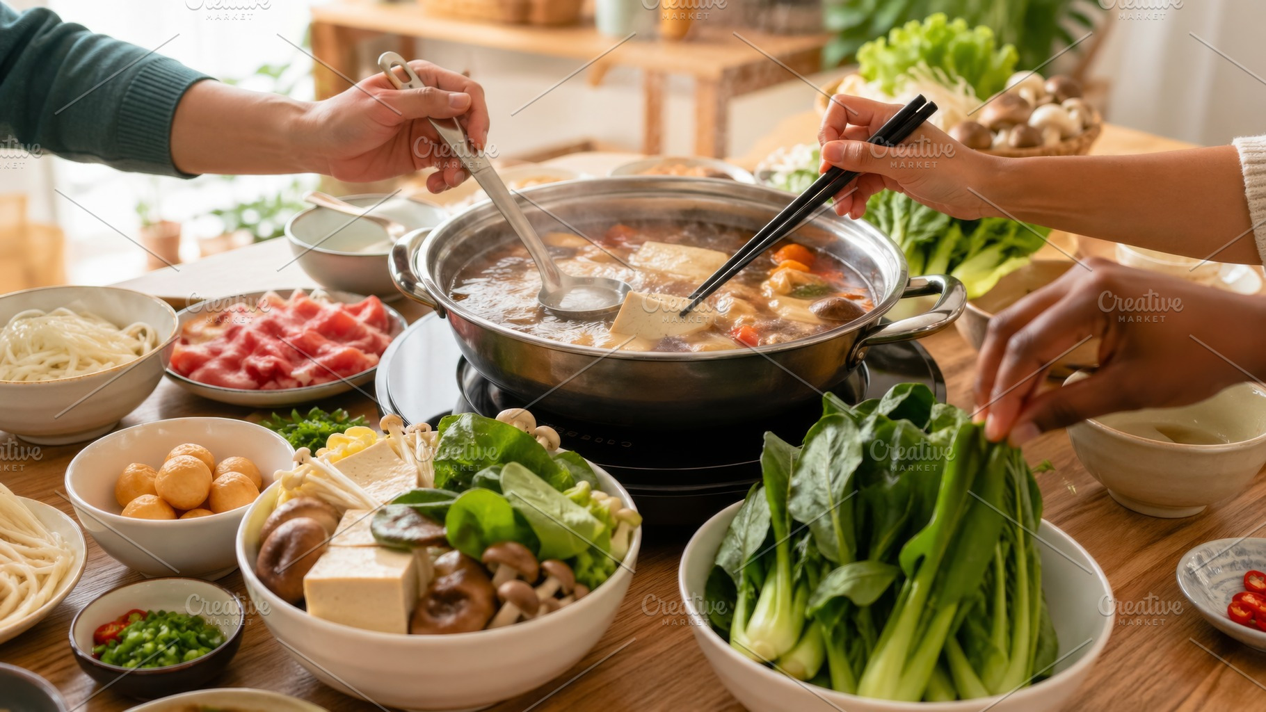 Hot pot party featuring fresh ingred, a Photo by Dvoevnore photos
