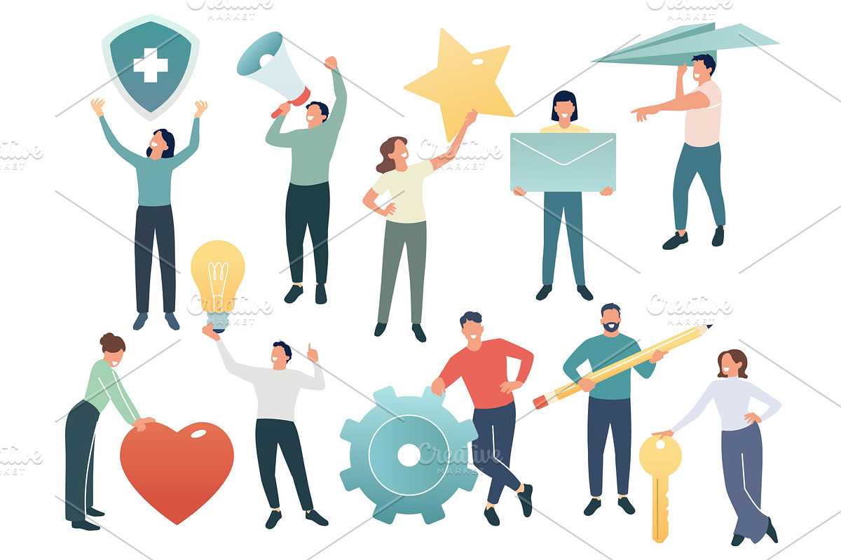 Tiny people hold social media, a Technology Illustration by YummyBuum