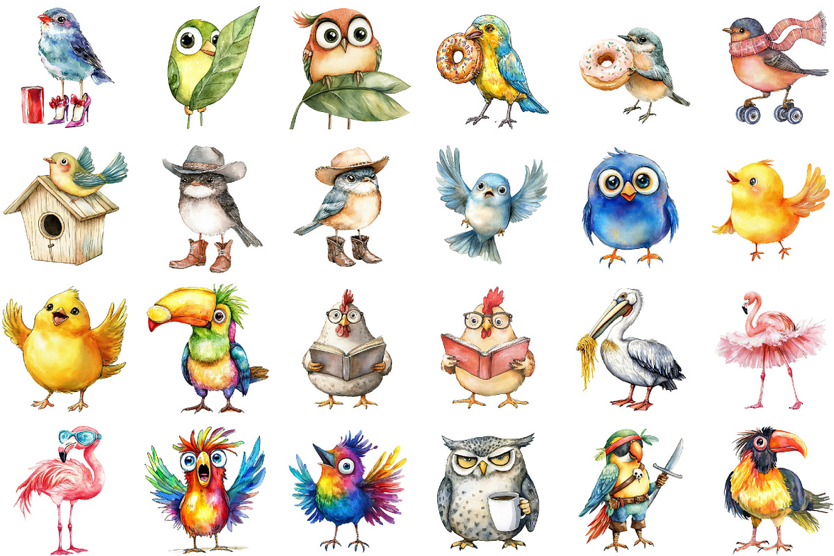 Funny Colorful Birds Watercolor Clip, an Illustration by Sublimation Artist (Photo 2 of 6)