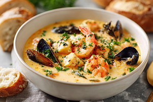 Seafood chowder with shrimp and mussels served in a white bowl with fresh herbs, a Food & Drink Photo by AlyaAnd