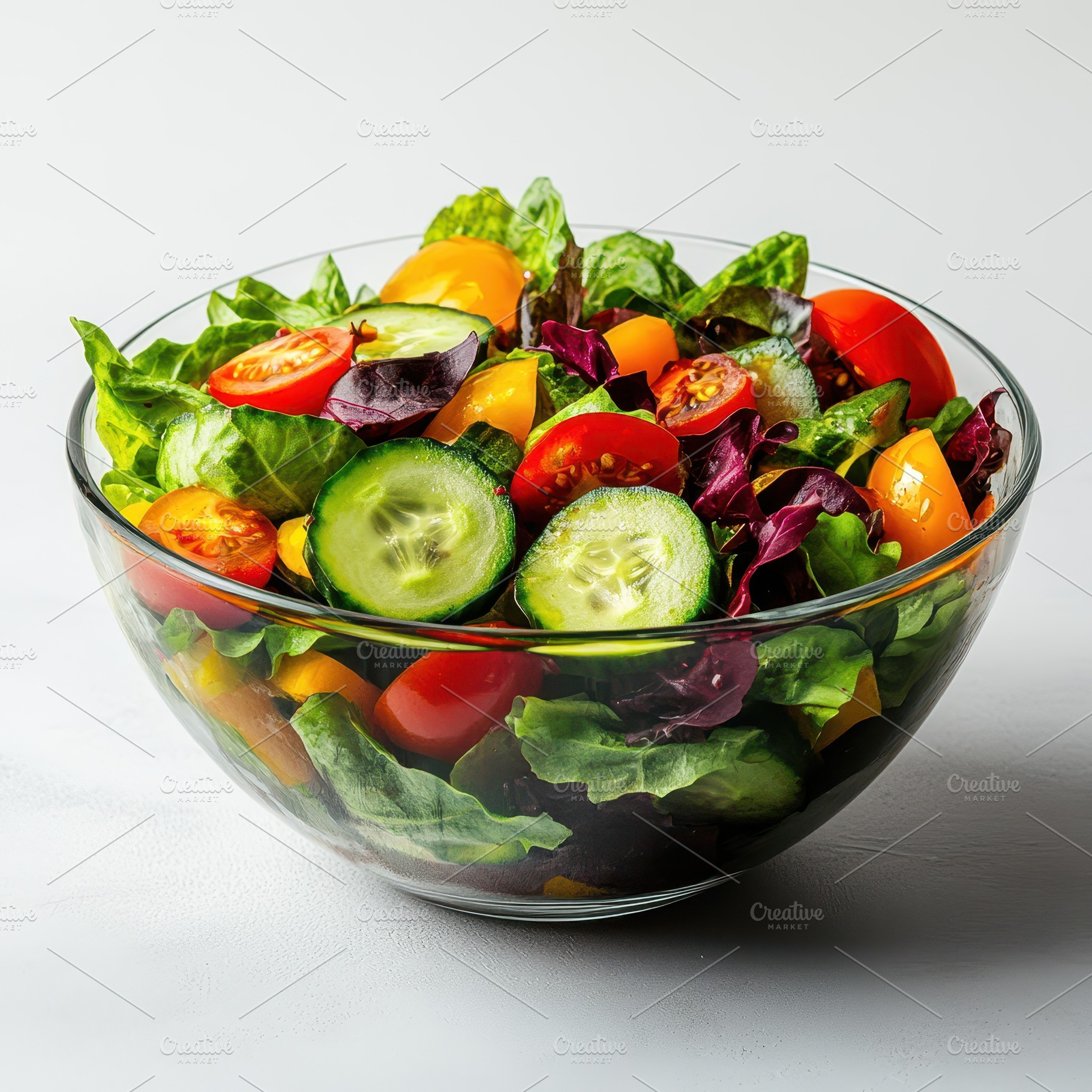 Fresh vibrant salad in glass bowl he, a Food & Drink Photo by Pixeness Studio