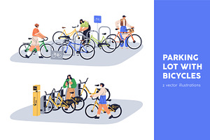 Cyclists at bicycle parking lots set, a Transportation Illustration by Good Studio