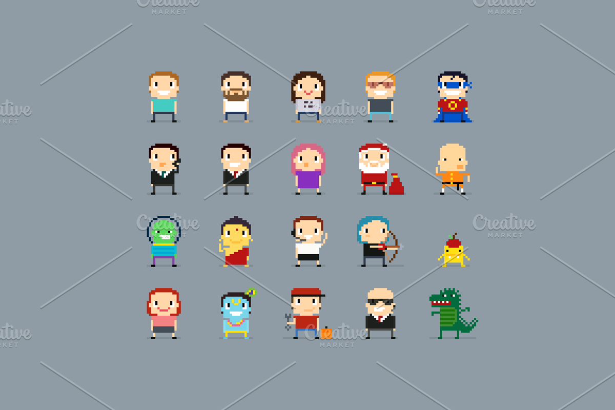 100 Pixel Art Characters, a Person Illustration by chewkotski (Photo 2 of 6)