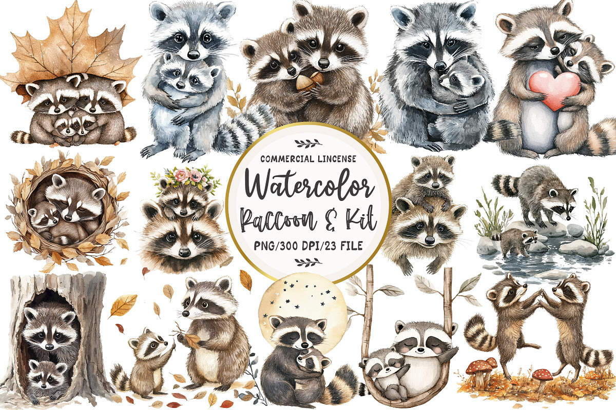 Watercolor Raccoon & Kit Clipart, an Illustration by OK Design (Photo 1 of 5)