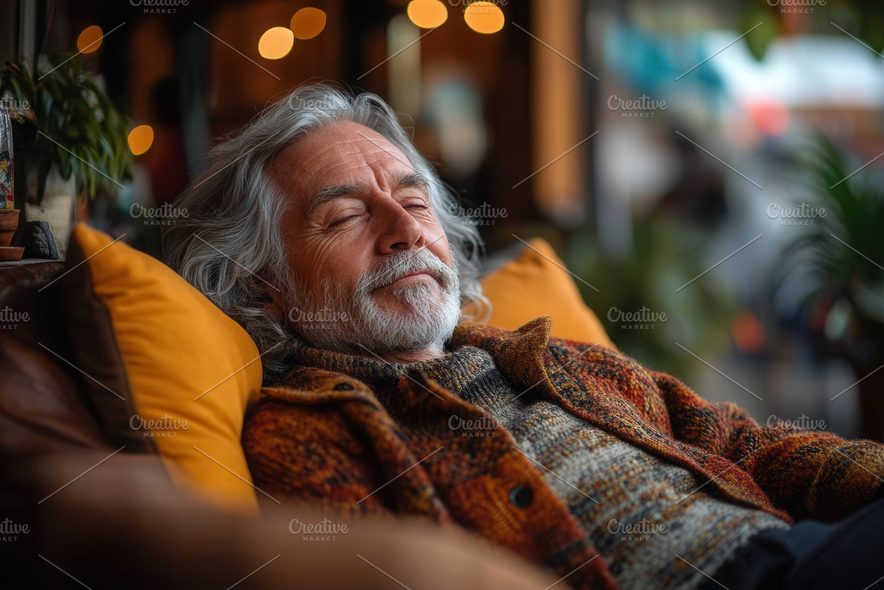 Senior man relaxing comfortably indo, a Photo by Tanuart
