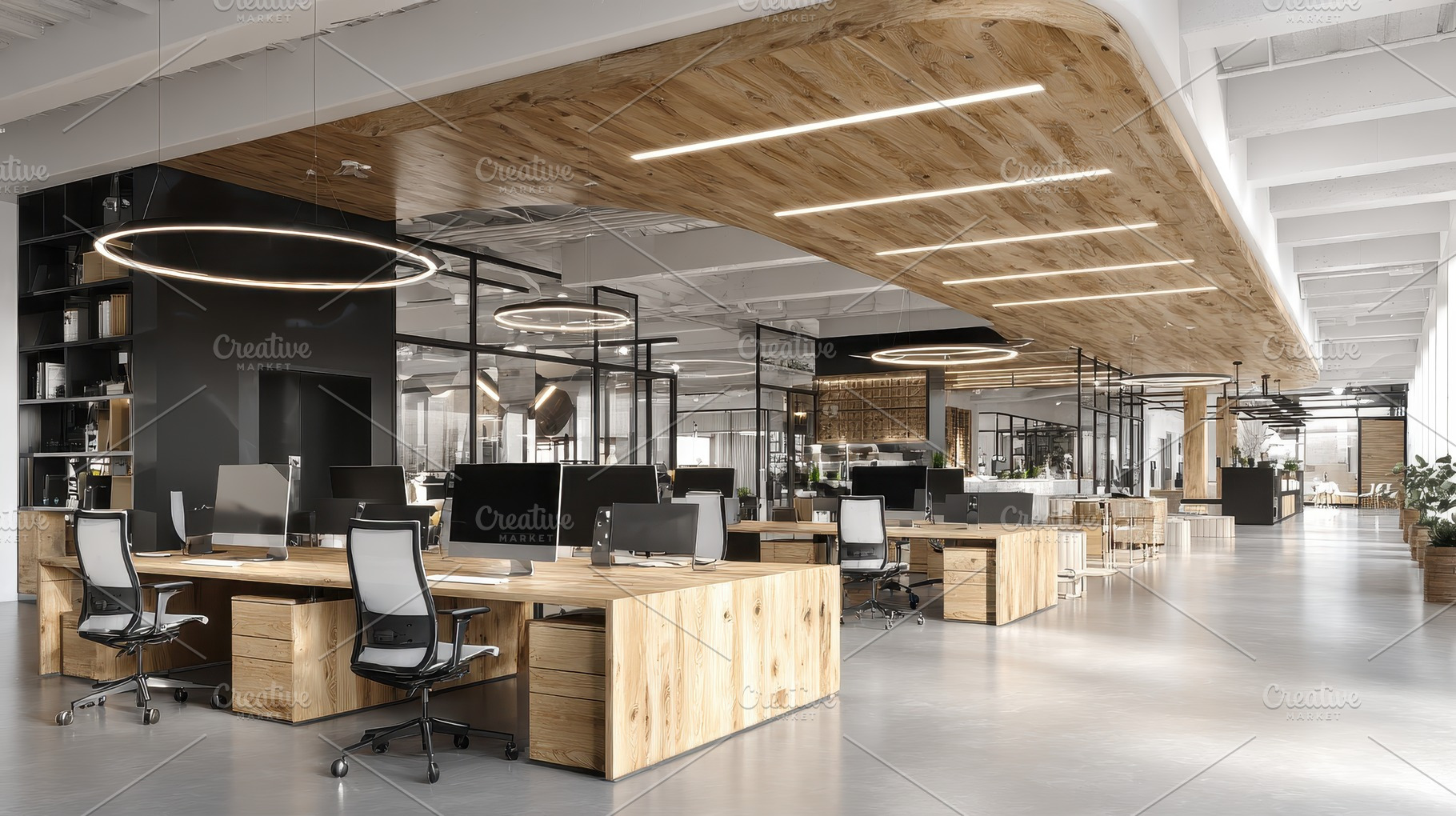 Modern office workspace design woode, a Photo by Pixeness Studio