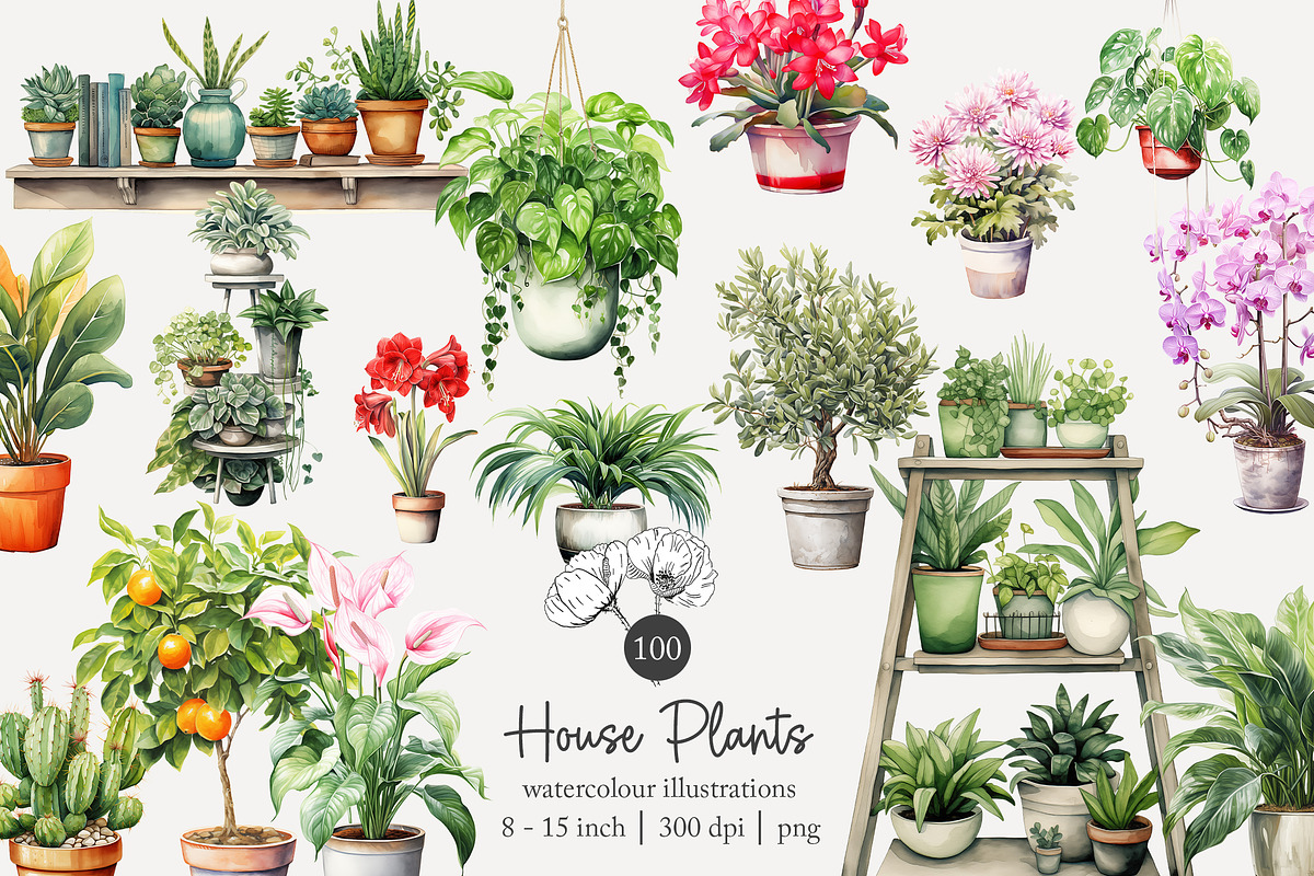 100 watercolor house plants clip art, a Seasonal Illustration by Poppy Lane Studio (Photo 1 of 12)