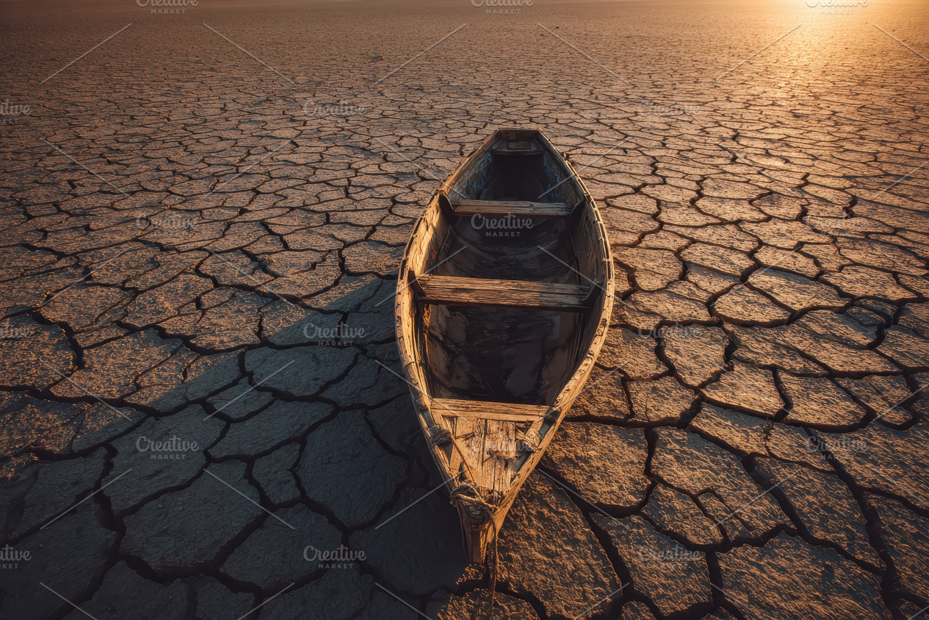 Boat sits on dry cracked earth under, a Photo by Pavel_design