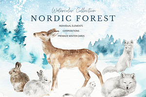 Nordic Forest Watercolor Winter Set