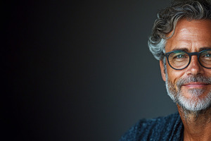 Smiling mature man with curly gray hair, beard, and glasses wear, a Person Photo by José Manuel Gelpi