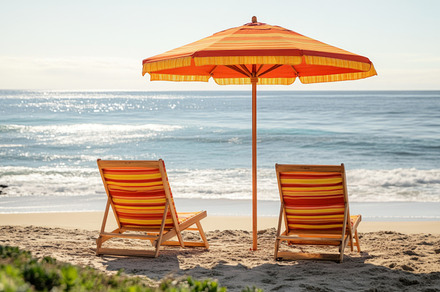 Tropical Beach Chairs and Umbrella by the Ocean Shore, an Abstract Photo by Natalia Klenova's Shop