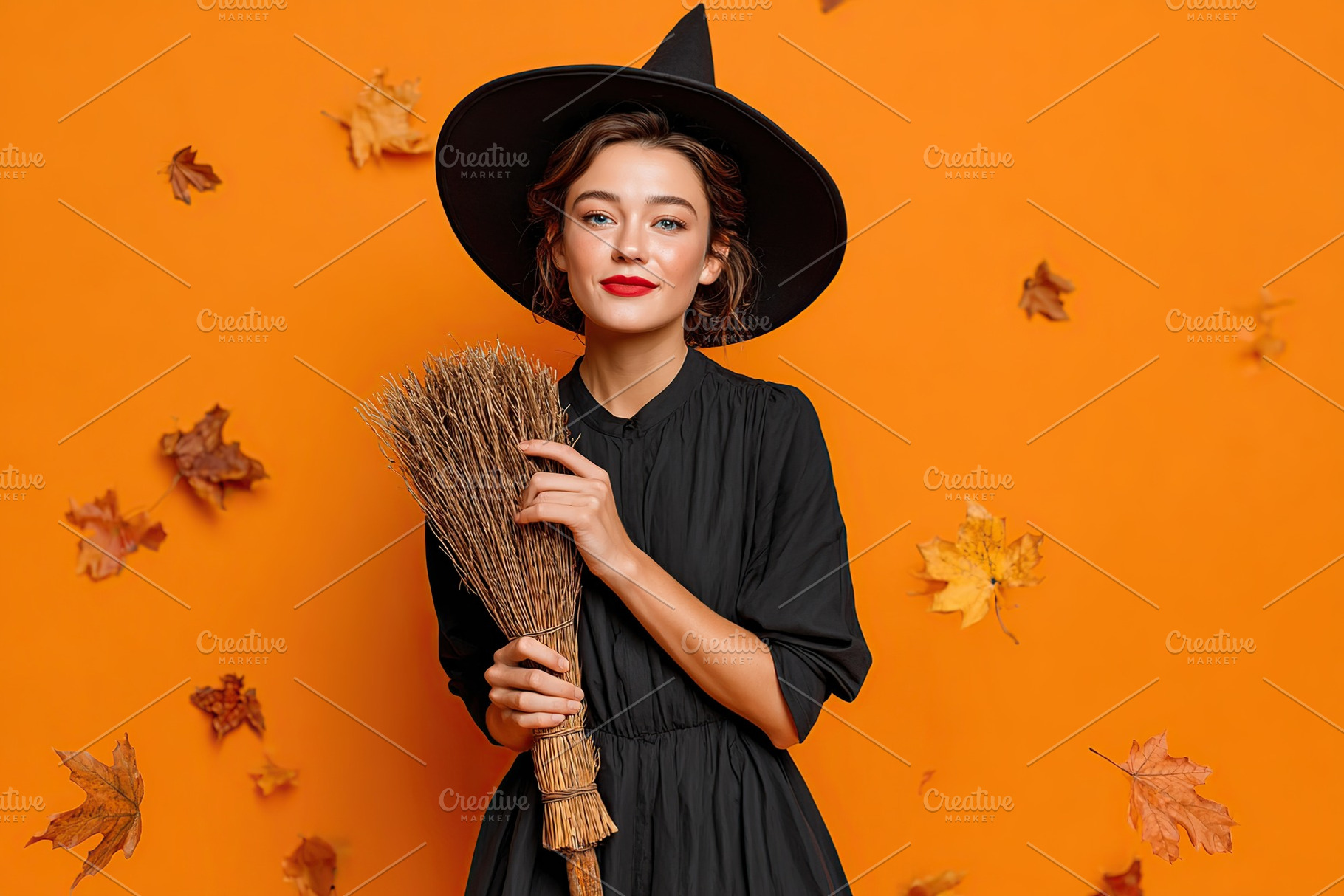 Woman in witch costume holding broomstick with autumn leaves on orange backgrou, a Holiday Photo by AlyaAnd